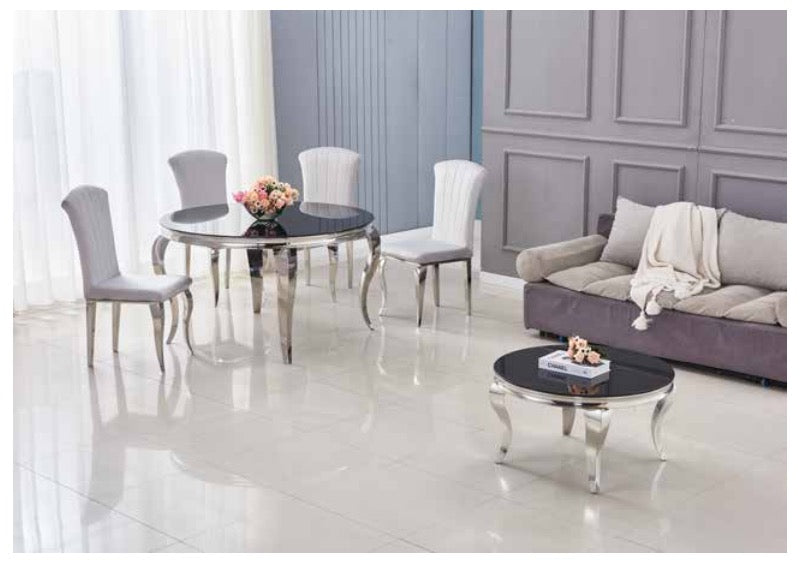 TABLE REPAS CHROME NOIR BAROQUE RONDE